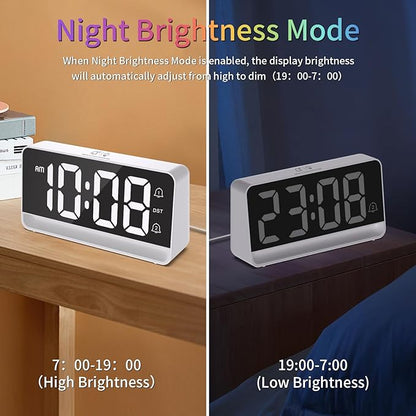 Alarm Clocks for Bedrooms, Digital Bedside Clock with RGB Night Light, Adjustable Volume for Heavy Sleepers, USB Charger, Large Display, Modern Decor for Desk, Dimmable Alarm Clock for Kids(White)