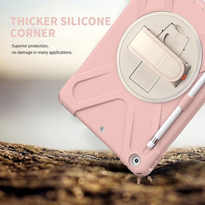 ZenRich Shockproof Case for iPad 9th/8th/7th Generation 10.2 inch 2021/2020/2019, Heavy Duty Rugged Case with Pencil Holder/360° Rotating Kickstand/Handle/Carrying Strap, SakuraPink
