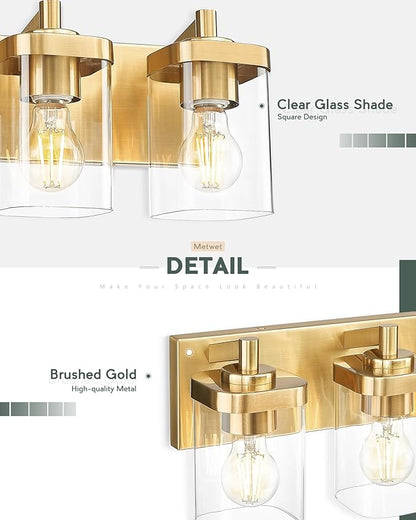 METWET Bathroom Light Fixtures, 30" Brushed Gold Vanity Light, 5-Light Modern Wall Sconces with Square Clear Glass Shade, Vanity Lighting Fixtures Over Mirror, VL194-BG-5