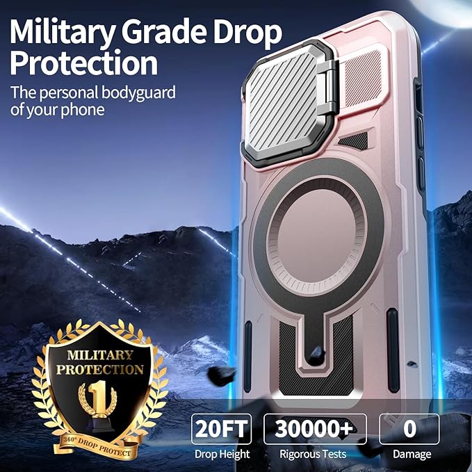 Camera Stand Case for iPhone 14 Pro, [Compatible with Mag Safe] [Lens Cover] 2024 Version Military Grade Protective Soft Case for iPhone 14 Pro 6.1 inch Men Women, Pink