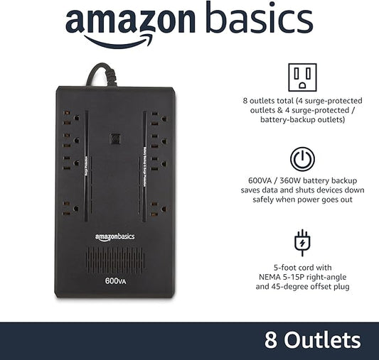 Amazon Basics UPS Battery Backup & Surge Protector 600VA/360W, 8 Outlets, Standby Uninterruptible Power Supply, for Power Outage Protection, Compact, Black