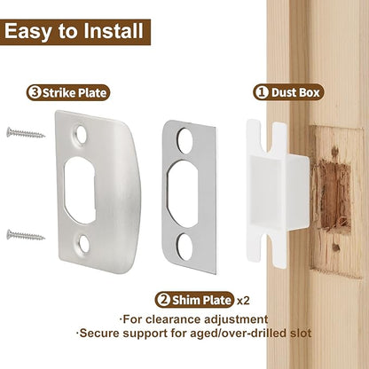 MOSECYOU Standard Door Lock Strike Plate with Spacer Shim, Door Latch Restorer, Universal Security Striker, Repair Kits to Fix Door Won’t Latch in (Satin Nickel)
