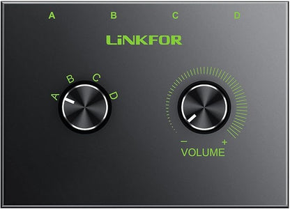 LiNKFOR 4 Port 3.5mm Stereo Audio Switch, 4 Way Stereo Audio Selector, 4 Input 1 Output / 1 Input 4 Output Audio Splitter with Volume Control and 4 Channel Switch Knob