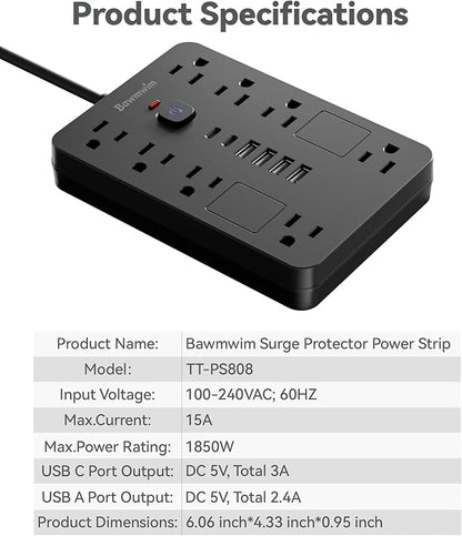 Bawmwim Surge Protector Power Strip - 8 Outlets(1850W/15A) with 6 USB Ports（2 USB C, 10FT Flat Plug Extension Cord, Wall Mount Multi Plug Outlet Extender, ETL Listed for Home, Dorm Room, Black