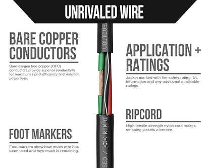 Voltive 14/4 Speaker Wire, Plenum CL3P, Black, 250ft - 14AWG, 4 Conductors, Stranded Oxygen-Free Copper, UL Listed - V-1216-1