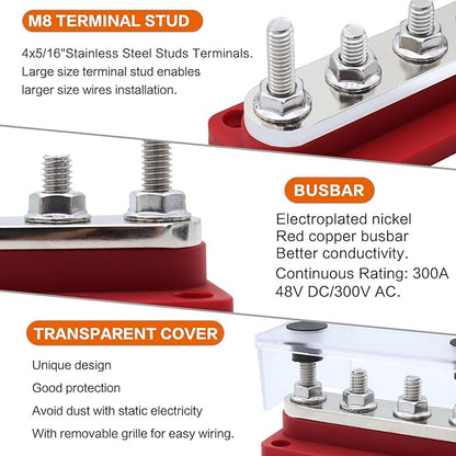 AMOMD 300A PowerBars 4 Terminal Studs (5/16 inch) M8 Nickel Plated Copper Distribution Block Electrical Negative Bus Bars Ground Block with Cover for Trailer Marine Boat Car RV (Red)