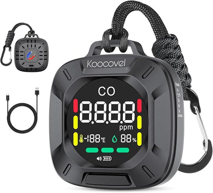 Portable Carbon Monoxide Detector Travel, Rechargeable 3-in-1 CO, Temperature & Humidity Meter, 240h Standby,Custom Alarm Thresholds, with Magnetic Back,for Hotel,Home,Camping for Car RV(Black)