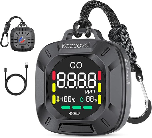 Portable Carbon Monoxide Detector Travel, Rechargeable 3-in-1 CO, Temperature & Humidity Meter, 240h Standby,Custom Alarm Thresholds, with Magnetic Back,for Hotel,Home,Camping for Car RV(Black)