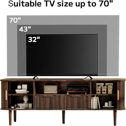 DAMCROP 62.4 Inch Fluted TV Stand, Modern Media Console Table with Sliding Tambour Door Farmhouse Sideboard Buffet Cabinet Fits TVs up to 75 inch, Wood Entertainment Center for Living Room(Dark Wood)