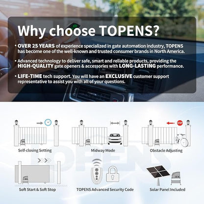 TOPENS DKC500S Solar Sliding Gate Opener Chain Drive Automatic Gate Motor for Heavy Driveway Slide Gates Up to 1300 Pounds, Electric Gate Operator Battery Powered with Solar Panel Remote Control Kit