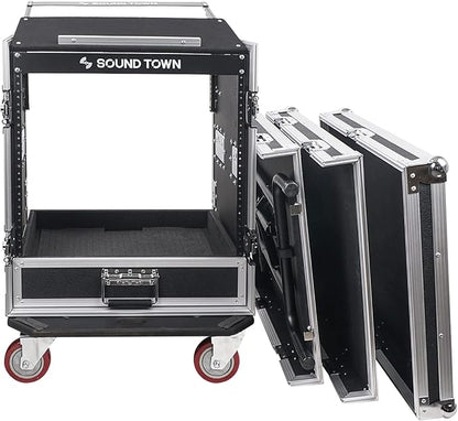 Sound Town 12U PA DJ Pro Audio Rack/Road ATA Case with 2U Drawer, 11U Slant Mixer Top, DJ Work Table, Casters, Pro Tour Grade (MR-DR12UT)