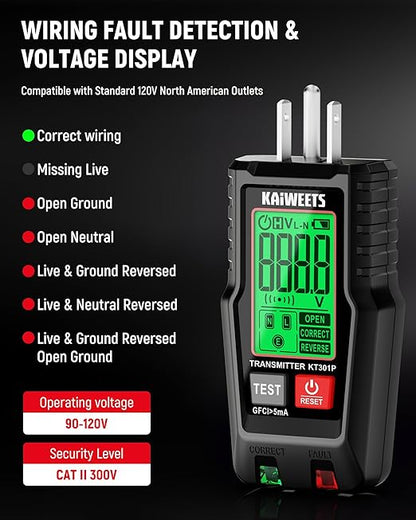 KAIWEETS Circuit Breaker Finder with LCD Display, GFCI Outlet Tester, Electrical Circuit Tracer Tool with NCV Test & Flashlight, Includes Carrying Case and Adapters- KT301P