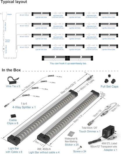 EBD LED Under Shelf Lights, 4-Way Splitter Light Bar, 12-Panel Cabinet Lighting, 4500K 5400Lm Counter Lights with Slack-Free Wiring, Maximized for Spacious 4-Layer Showcase, Bookcase & Storage Rack