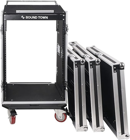 Sound Town Heavy-Duty 1/2" (12mm) Plywood 16U PA DJ Rack/Road ATA Case with 11U Slant Mixer Top, 20" Rackable Depth, 2 DJ Work Tables and Casters, Pro Tour Grade (STMR-16UWT2)