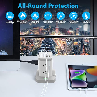 BEVA Surge Protector Tower with 8 AC & 4 USB(USB-C) Ports, 6.5 FT Extension Cord - Charging Station for Office & Dorm Room