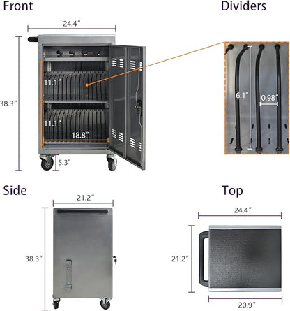 Aokleo 32 Devices Laptop Charging Cart, Tablet Storage Carts for Pad Up to 16.3" Screen Size, Classroom Computer Mobile Charging Station for Pads,Chromebooks,Laptops,Security Storage (Silver)