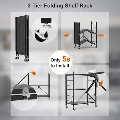 Himix Storage Shelves with 6 Hooks, 3 Tier Foldable Shelf with Wheels, Metal Storage Shelving Unit Rolling Cart, Utility Shelf Rack Organization Shelves for Pantry, Kitchen, Black - No Assembly