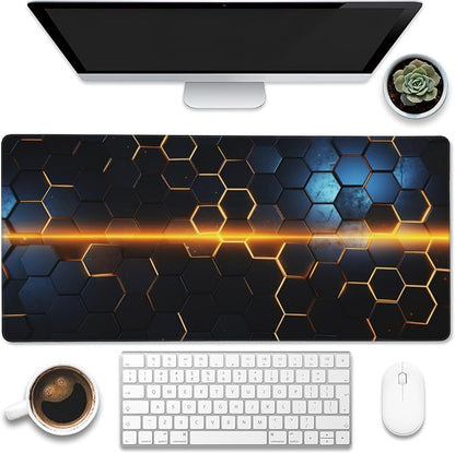 Eflxamz Large Gaming Mouse Pad,Golden Lines Honeycomb Technology Desk Mat,Honeycomb Technology Desk Pad,Extended Computer Keyboard Mouse Pad with Non-Slip Base and Stitched Edge,35.4"x15.7"