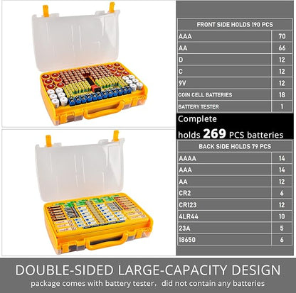 Aptbyte Battery Organizer Storage Holder Box Case with Tester- 269 Batteries Double-Sided Variety Pack, Holds AA AAA 4A C D Cell 9V 3V Lithium LR44 CR2 CR123 CR1632 18650 Button- Yellow (Box Only)