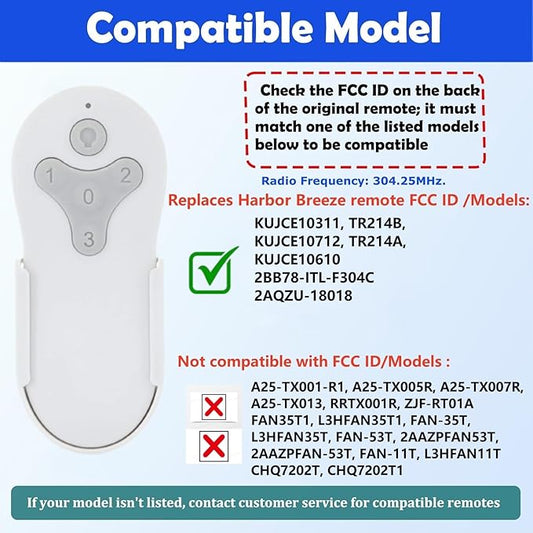 Ceiling Fan Remote Control Compatible with Harbor Breeze KUJCE10311/TR214A KUJCE10712/TR214B 2BB78-ITL-F304C, 304.25 MHz，3-Speed and Light Dimmer Learn Key (Remote Only)
