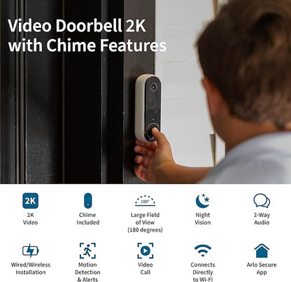 Arlo Video Doorbell 2K + Chime 2 (2nd Gen, Latest Release), Wireless or Wired Option, 2-Way Audio, Night Vision, Head to Toe View, Package Detection, Person & Vehicle Recognition, 1-Month Secure Plan
