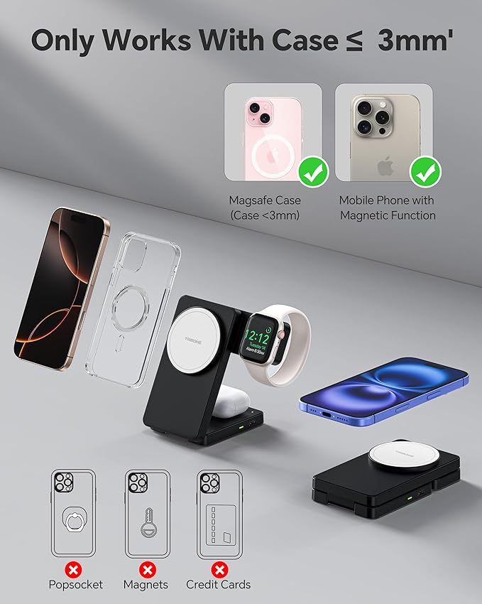 3 in 1 Charging Station for iPhone 16/15/14/13/12 Series, Wireless Charger for Apple Watch，Travel Magnetic Charging Stand for AirPods (Panda Color)