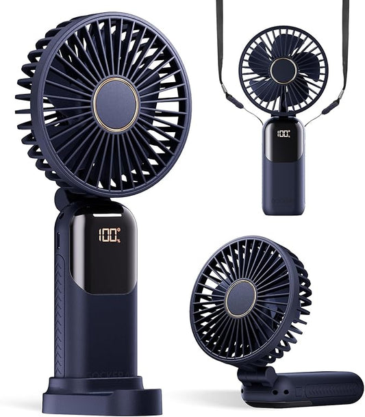 GOCKERA Portable Fan, 4200mAh Battery Operated Fan, 5 Speeds&Digital Display, Makeup Fans for Women with Base, 180°Foldable 3in1 Handheld/Neck/Desk Fan for Outdoor Indoor,Ultra Quiet (Blue)