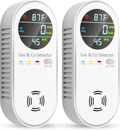 Vilfet Carbon Monoxide Detectors and Natural Gas Detector, 4-in-1 Carbon Monoxide Detectors Plug in, Gas Leak Detector with Dual Alarms, Temperature & Humidity Sensor for Home, RV, White, 2 Pack