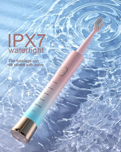 AJELU Pink & Blue Gradient Rechargeable Sonic Electric Toothbrush for Adults, 5 Modes with Smart Timer, 8 Replacement Brush Heads Soft Bristles, High Vibration, Perfect for Home, Travel, Gift
