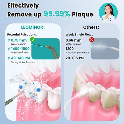 Leominor Water Dental Flosser Pick for Teeth, 300ML Portable Oral Irrigator Upgraded Tank Removable,IPX7 Waterproof, Rechargeable Travel Teeth Cleaner, Professional Electric Flossing Machine(O-Green)