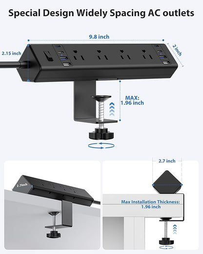 40W Fast Charging Station,Desk Clamp Power Strip 20W USB C,8 Outlets,8 USB Ports,4 USB C and 4 USB A, Office Furniture Surge Protector, 14AWG Cord, Fits 1.9" Tabletop Edge (Black, 10FT Length)