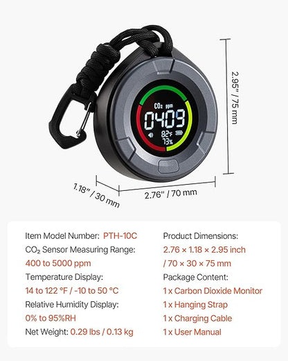 VEVOR Carbon Dioxide Monitor, CO2 Controller with Temperature and Humidity Display, NDIR Sensor Carbon Dioxide Detector, for Outdoors, Home, Office, Car, Lightweight & Portable