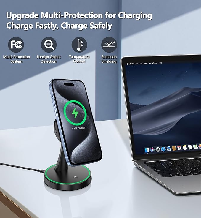 2 Pack Magnetic Wireless Charger Stand 15W Fast Magnetic Charger for iPhone 16/16 Pro/16 Plus/16 Pro Max/15/14/13/12 Series Magnet Wireless Charging Station/Pad with Sleep-Friendly Light for AirPods