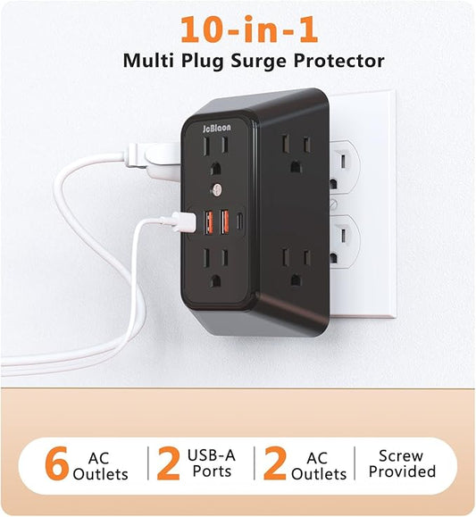 Surge Protector Outlet Extender, 6 Outlet Extender with 4 USB Charging Ports (2 USB C), 3 Sided Multi Plug Wall Adapter for Home, Office, Travel-2 Pack,Black