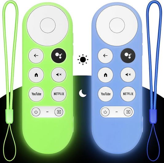 2PC Cover-Case-for-Chromecast-Google-TV-Remote, Glow-in-The-Dark Silicone Sleeve Skin for Google Chromecast 4K/HD (Green + Blue)
