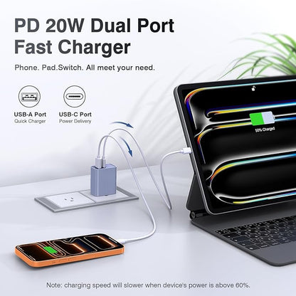 [2 Pack] USB-C Wall Charger, 20W Dual Port QC+PD3.0 Power Adapter, Double Fast Plug Charging Block for Samsung Galaxy S24 S23/S23+/S23Ultra/S22/S22+/S22 FE/Note 20Ultra, iPhone 16/17 Brick Box, Purple