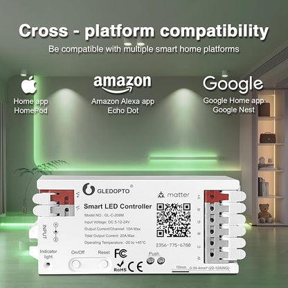 GLEDOPTO Alexa Connect Kit Matter LED Strip Light Controller RGBCCT PWM Dimming Work with Matter Echo Device Zero Touch Pairing Easy Wiring for RGBCCT Analog Strip Light (Matter Hub Require)
