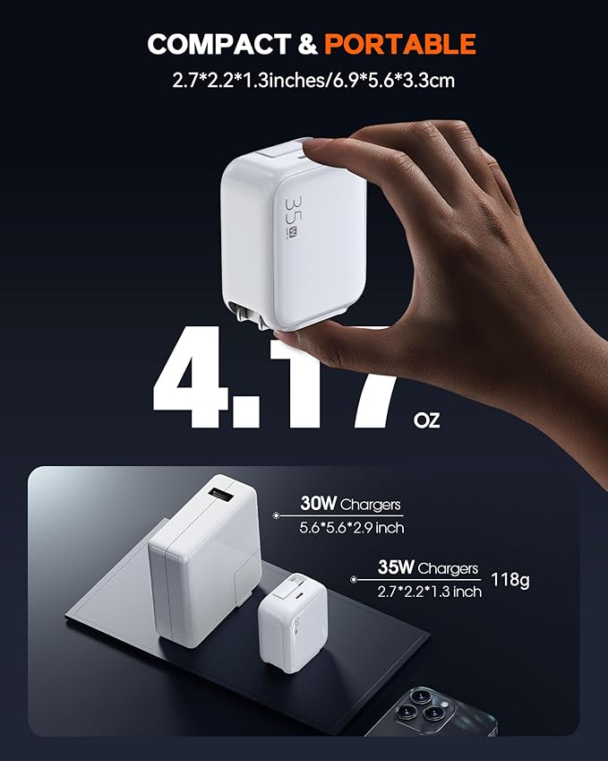 35W Retractable USB-C Wall Charger, Fast Charging Block with Foldable Plug and Retractable Type-C Cable, Dual Port PD Charger for iPhone 16/15, Galaxy S23/S22, LG, Compact for Travel & Home