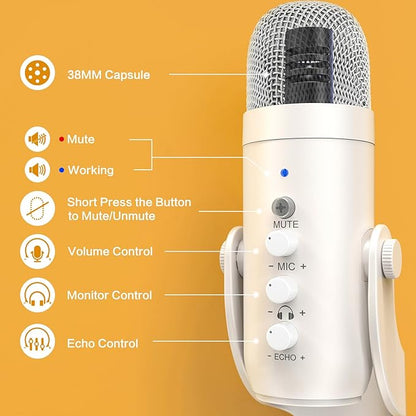 ZealSound USB Microphone,Quick Mute Noise Cancel for Phone Computer PC PS5,Gaming Microphone with Gain Control,Echo Monitor Volume Adjust for Streaming Vocal Recording ASMR Podcast Video K66 White