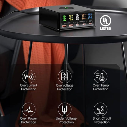 USB Charger Station Multi Port: Desktop 160W Power Fast Charging Hub Wall Block PD 3.0 – 5 Ports with Wireless Pad & Digital Display