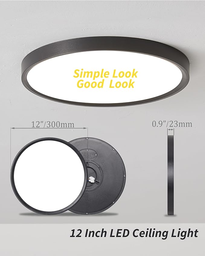 4pack 12 Inch Flush Mount Ceiling Light, 24w Led Ceiling Light, 3000k/4000k/6000k Selectable 2520lm Ceiling Lights, Super Slim Led Light Fixture for Bedroom Kitchen Living Dining Room Office (Black)