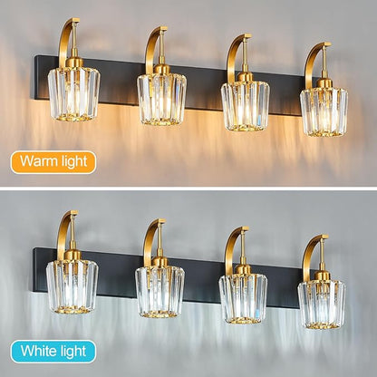 FDPBY Modern Bathroom Vanity Light, 4-Light Black Gold Wall Sconce with Crystal Accents, Over Mirror Bathroom Lighting Fixture, 32.67" Long Dimmable Vanity Lamp for Makeup, Easy Installation