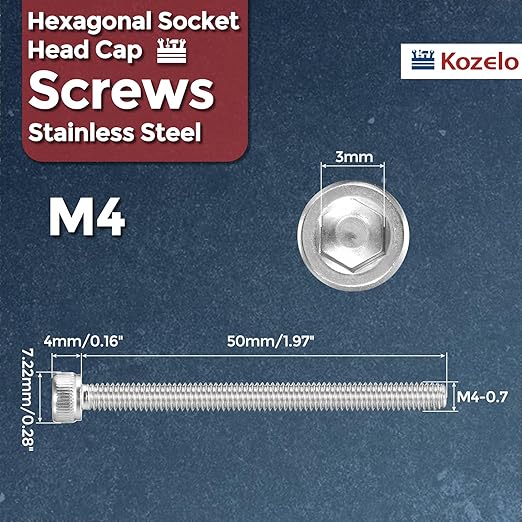 Kozelo 25pcs Socket Head Cap Screws - [M4-0.7 x 50mm] 304 Stainless Steel Allen Socket Drive for Electrical Motor 3D Printing Fan Engine Replacement Use, Silver