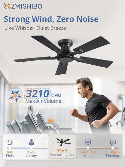 ZMISHIBO 42 Inch Ceiling Fan No Light, Flush Mount Low Profile, Modern Black Ceiling Fan Without Light, Remote Control & Quiet DC Motor, for Indoor&Outdoor, Bedroom, Living Room