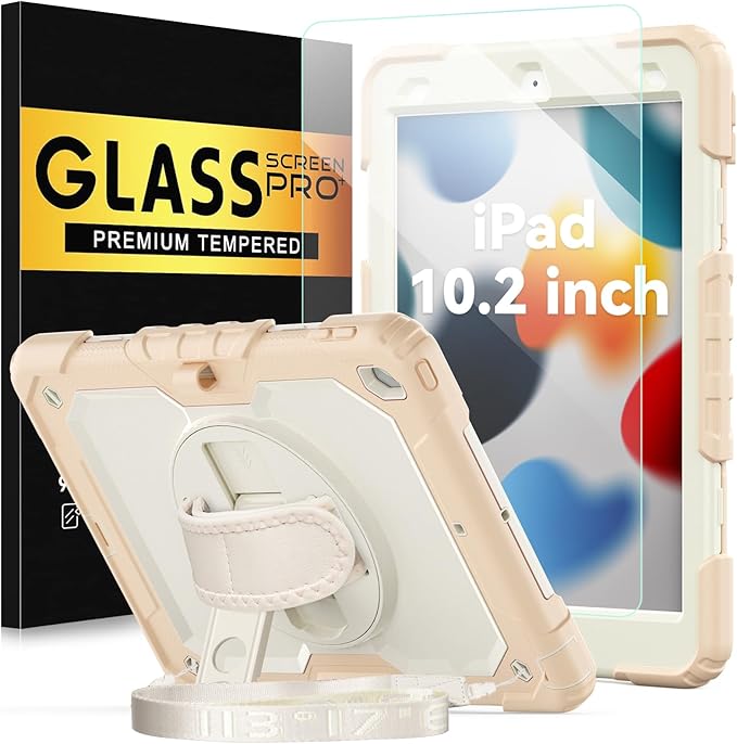 BLOSOMEET Girls Cute Case for iPad 9th Generation 2021 10.2 Inch with Tempered Glass Screen Protector & Pen Holder,KidsProof iPad 8th/7th Gen 2020 2019 Cover w/Kickstand Handle Shoulder Strap,RoseGold