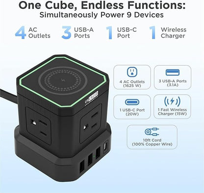 Uncaged Ergonomics Wireless Charger Cube Power Strip with USB Ports & Surge Protection, 10ft Extension Cord, 4 AC Plugs, 3 USB Ports (1C), Fast Charging, On/Off Switch, Nightstand Charger Station