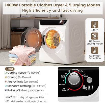 VCJ 2.6 cu.ft Portable Dryer, 1400W Electric Clothes Dryer with 5 Drying Modes & Stainless Steel Tub, Front Load Compact Dryer for Home, Apartment, Dorms
