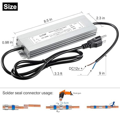 LLTOP LED Driver 100 Watts Waterproof IP67 Power Supply AC100-264V to 12V DC 8.3A Low Voltage Transformer Ultra Thin Adapter for Outdoor LED Lights, Computer Project