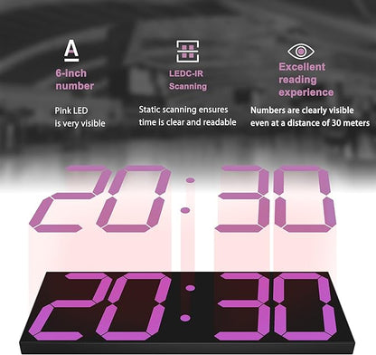 CHKOSDA LED Large Digital Wall Clock, Oversize Wall Clock with 6” Numbers, Remote Control Count up/Countdown Timer Clock, Auto Dimmer, Big Calendar and Thermometer(Purple)