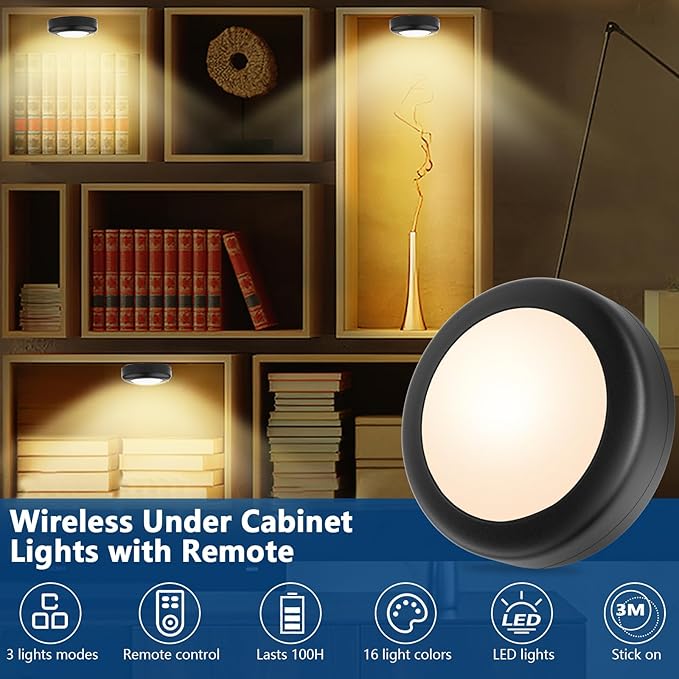 Yiliaw 3 Pack LED Puck Lights Remote Control 16 Color Changeable Under Cabinet Lights, Battery Operated Lights Night Light with Dimmer & Timmer for Closet Bedroom Kitchen, Black